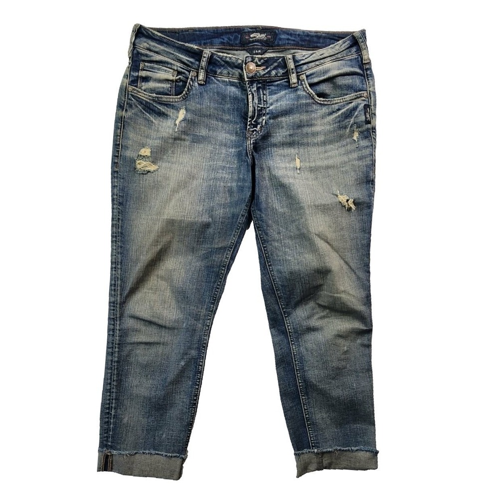 Silver Jeans Sam Boyfriend Blue Distressed Cropped Denim W30 L25 L27235SJL280